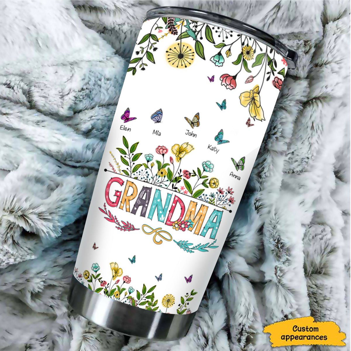 Flower Butterfly Grandma Nana Mimi Mom Auntie Personalized Tumbler