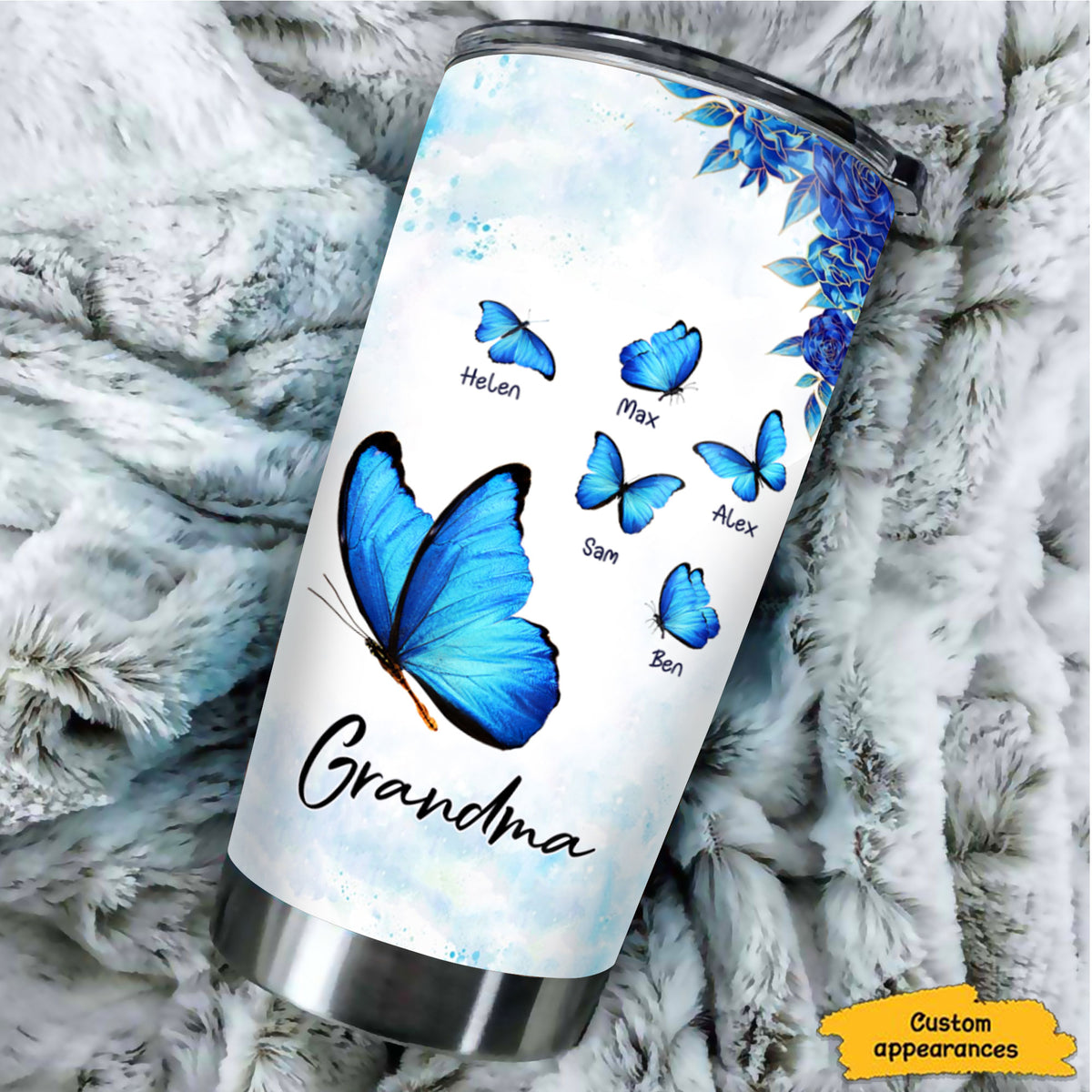 Big Blue Butterfly Grandma Kids Names Personalized Tumbler 20oz