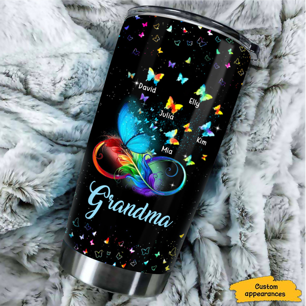 Rainbow Infinity Butterfly Grandma Kids Names Personalized Tumbler