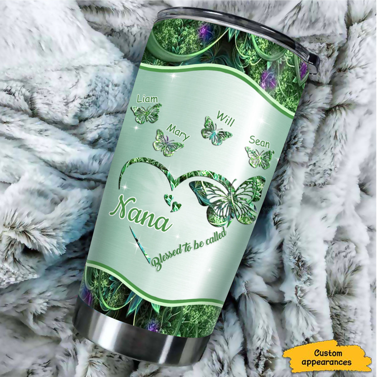 Butterfly Heart Blessed To Be Called Mom Grandma Nana Mimi Gigi Auntie Personalized Tumbler With Name On Back