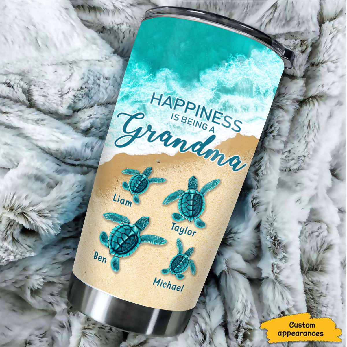 Sea Turtle Beach Happiness Is Being A Grandma Kids Names Personalized Tumbler 20oz