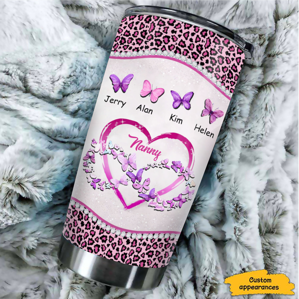 Butterflies Infinity Heart Grandma Leopard Kids Names Personalized Tumbler