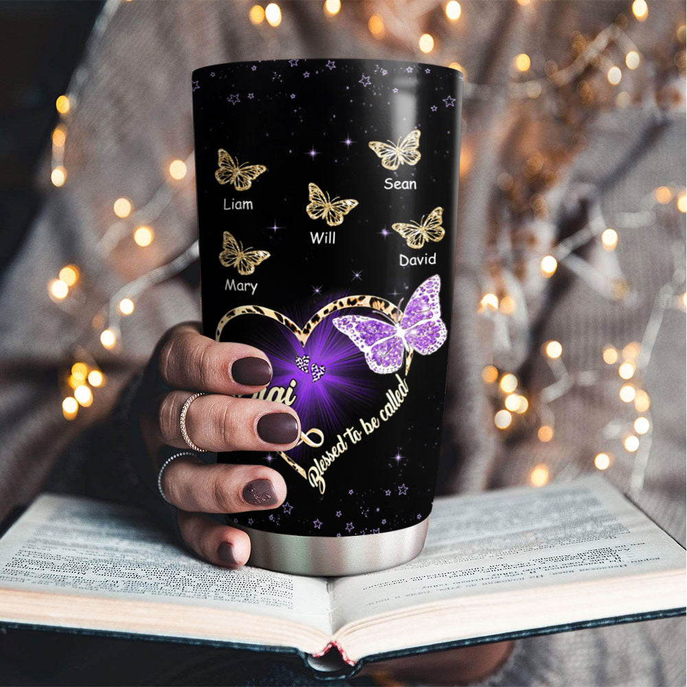 Leopard Heart Butterfly Blessed To Be Called Grandma Kids Names Personalized Tumbler Black 20oz