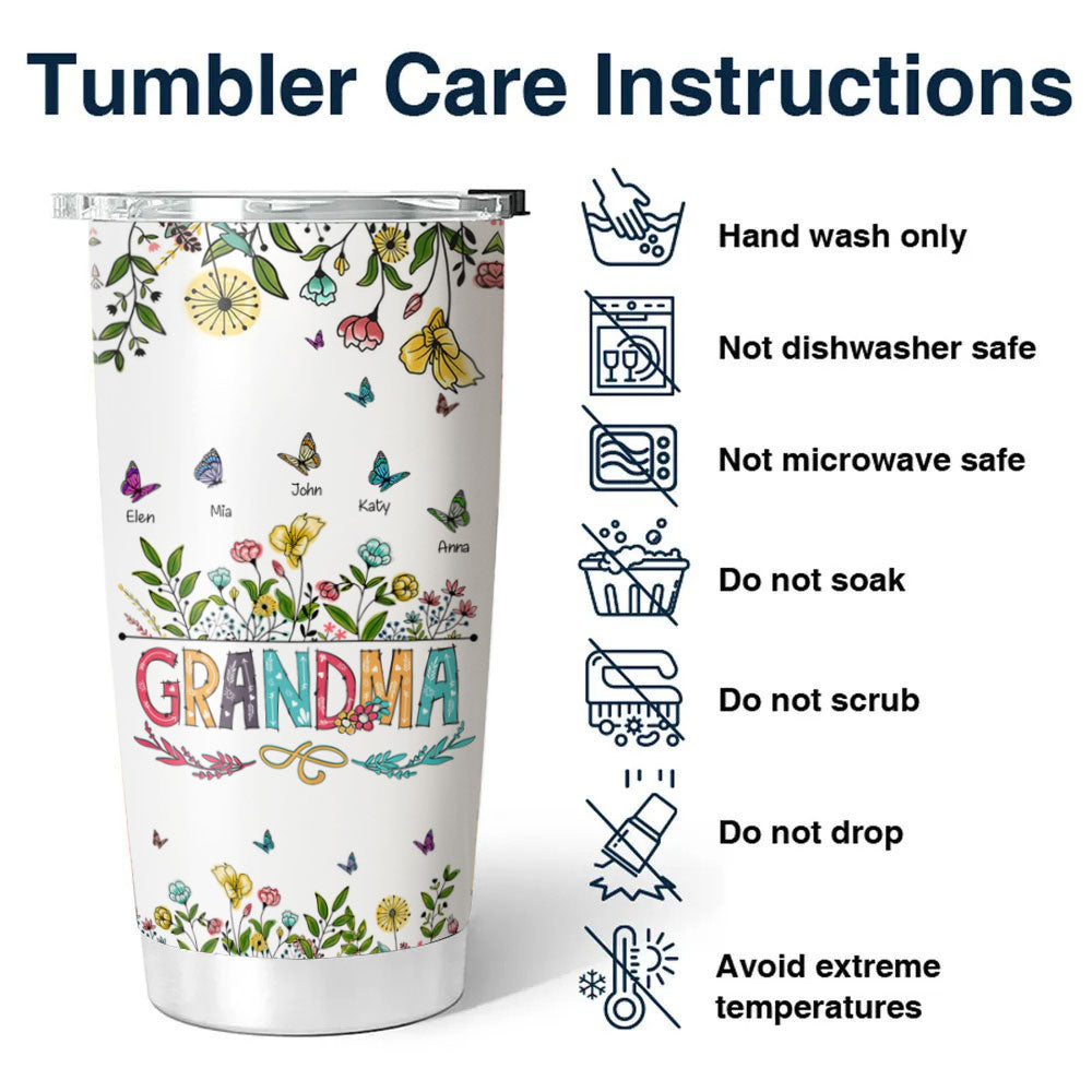 Flower Butterfly Grandma Nana Mimi Mom Auntie Personalized Tumbler
