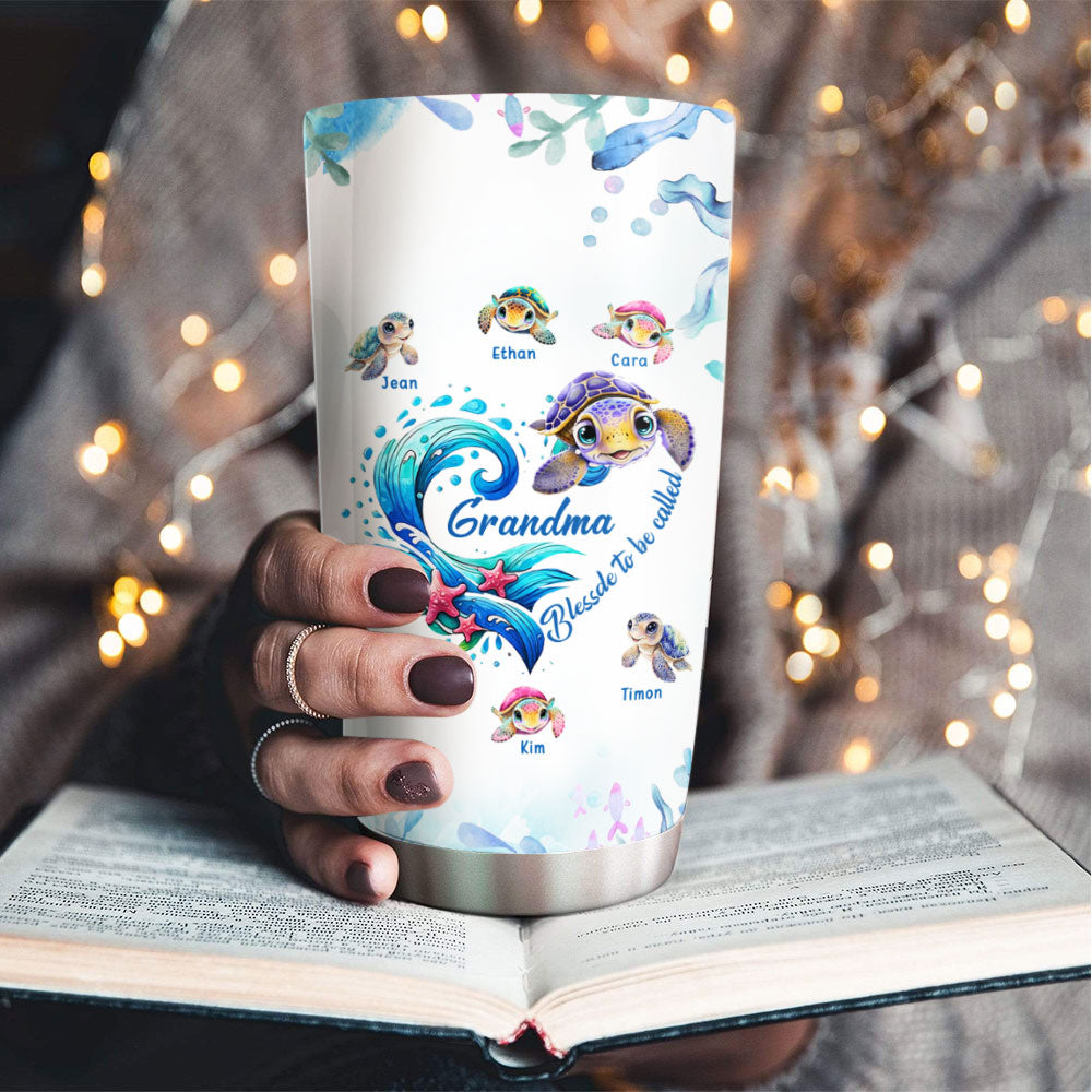 Sea Turtle Wave Heart Grandma Nickname Kids Names Personalized Tumbler 20oz