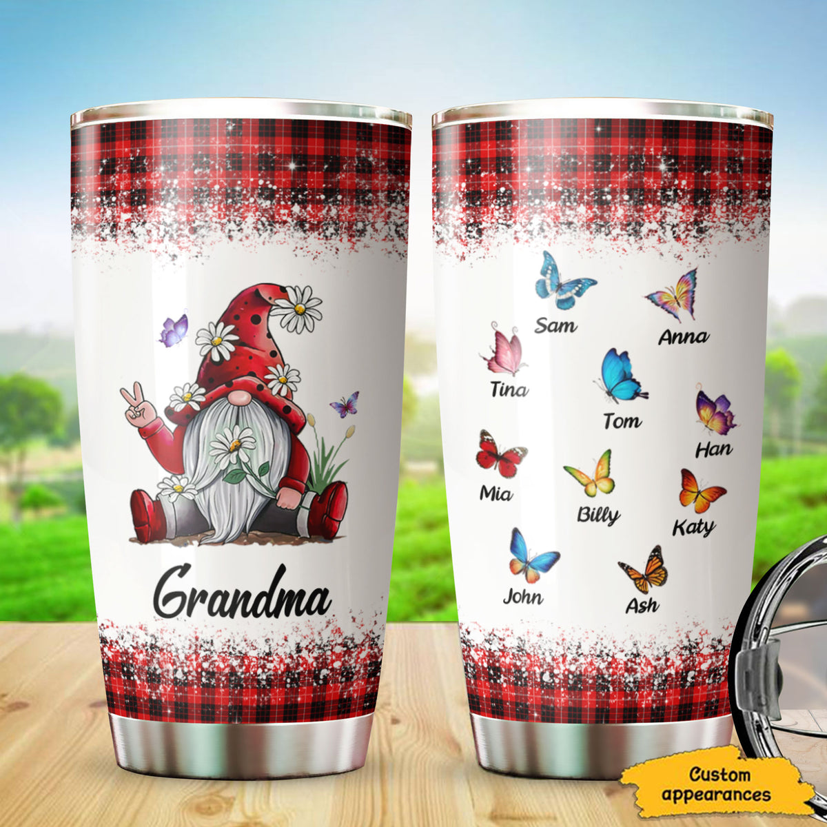 Gnome Grandma Butterflies Kids Names Personalized Tumbler