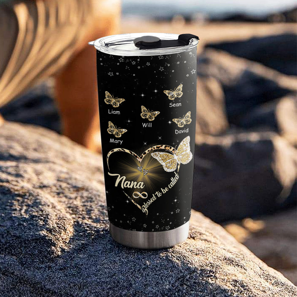 Leopard Heart Butterfly Blessed To Be Called Grandma Kids Names Personalized Tumbler Black 20oz
