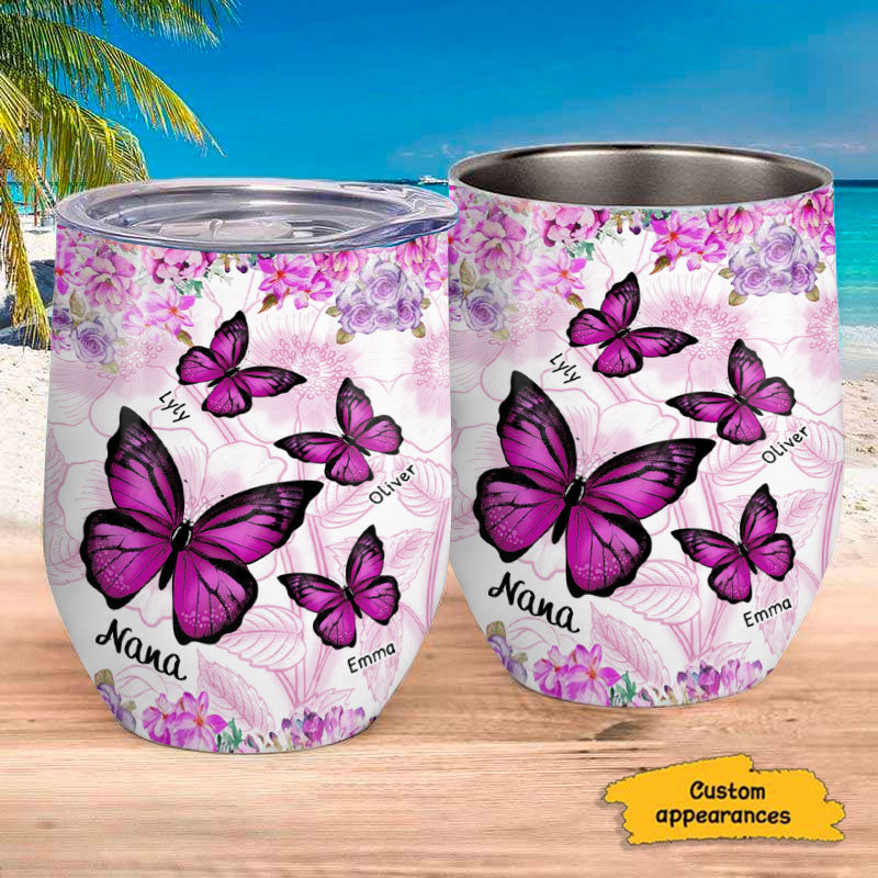 Pink Butterflies Grandma with Grandkids Personalized Wine Tumbler