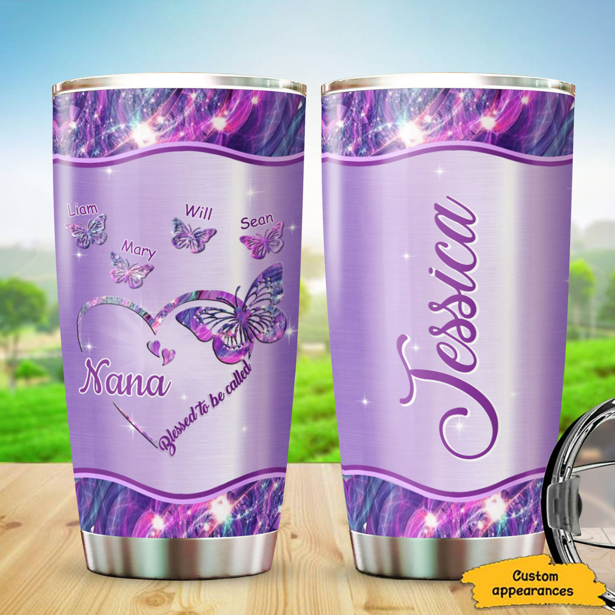 Butterfly Heart Blessed To Be Called Mom Grandma Nana Mimi Gigi Auntie Personalized Tumbler With Name On Back