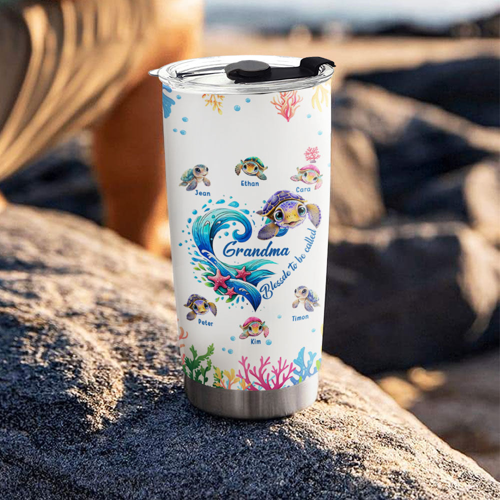 Sea Turtle Wave Heart Grandma Nickname Kids Names Personalized Tumbler 20oz