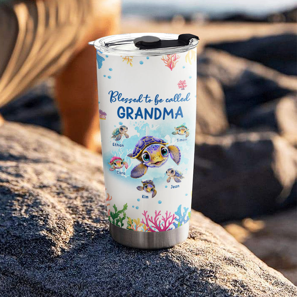 Sea Turtle Blessed To Be Called Grandma Kids Names Personalized Tumbler 20oz