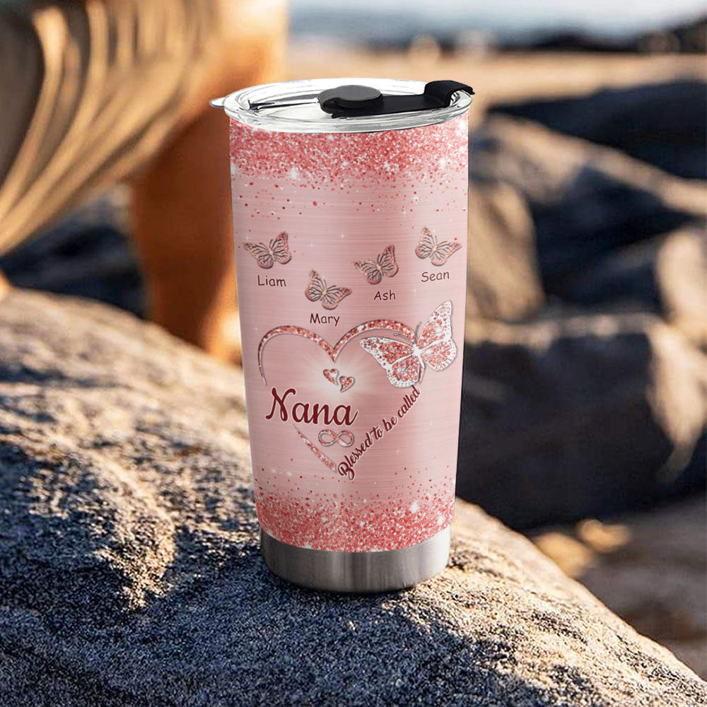 Glitter Heart Butterfly Blessed To Be Called Grandma Kids Names Personalized Tumbler 4 Colors 20oz