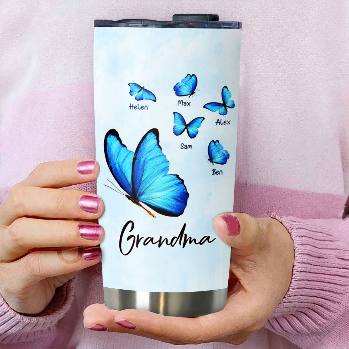 Big Blue Butterfly Grandma Kids Names Personalized Tumbler 20oz
