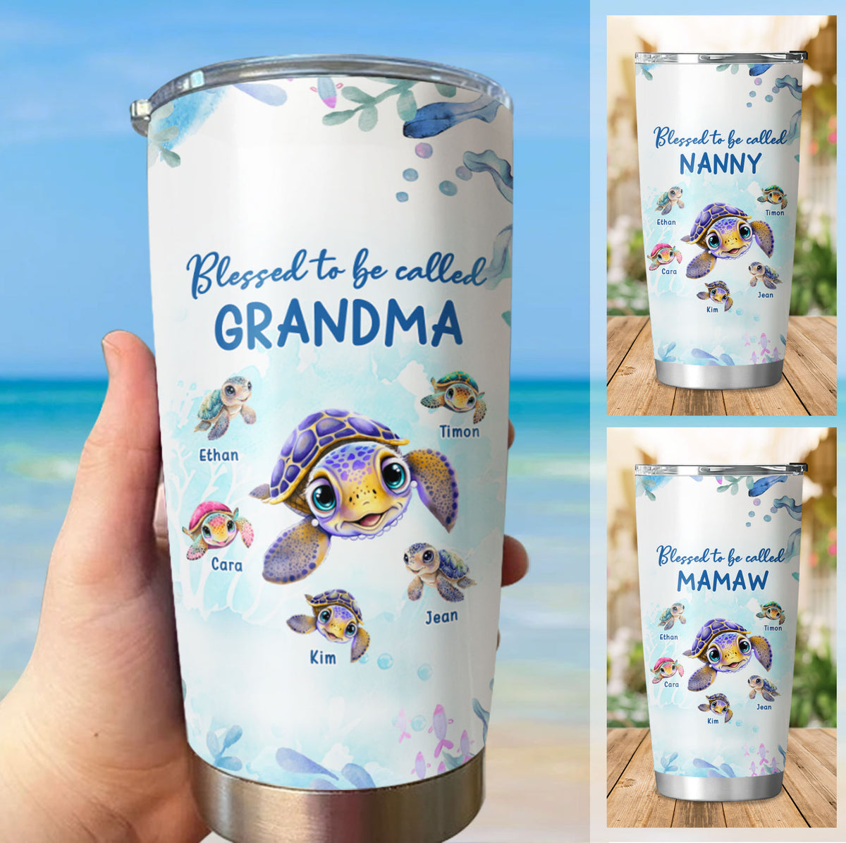 Sea Turtle Blessed To Be Called Grandma Kids Names Personalized Tumbler 20oz
