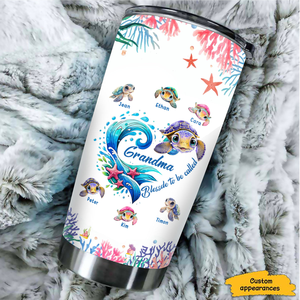 Sea Turtle Wave Heart Grandma Nickname Kids Names Personalized Tumbler 20oz
