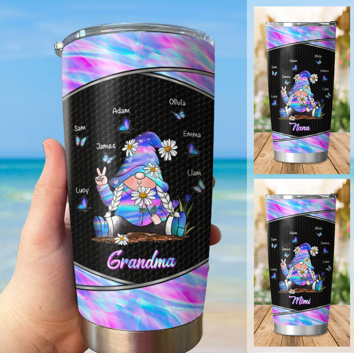 Hippie Gnome Grandma Nickname Kids Names Personalized Tumbler 4 Styles 20oz