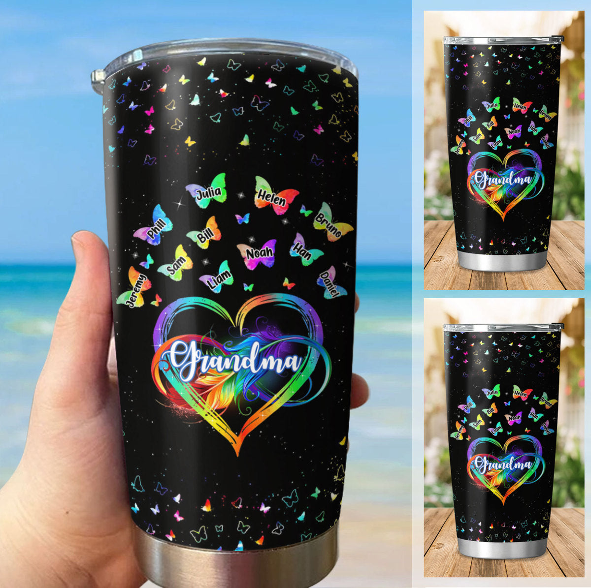 Colorful Heart Butterfly Grandma Mimi Nana Mommy Auntie Personalized Tumbler SC51244