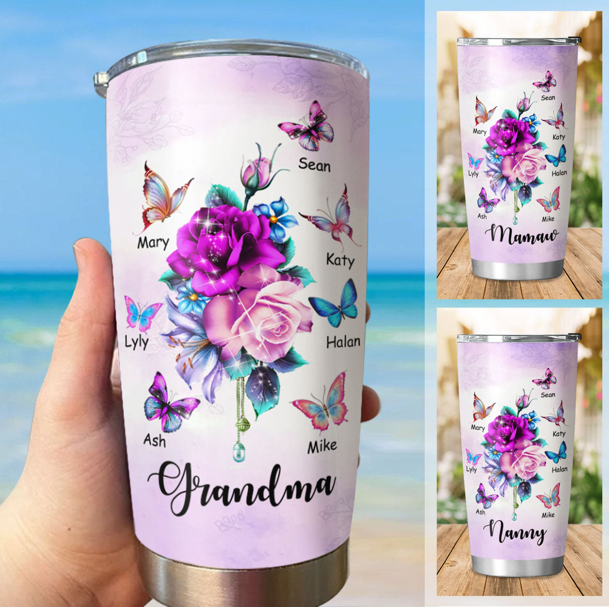 Flower Butterfly Grandma Mimi Nana Gigi Mommy Auntie Personalized Tumbler SC512418
