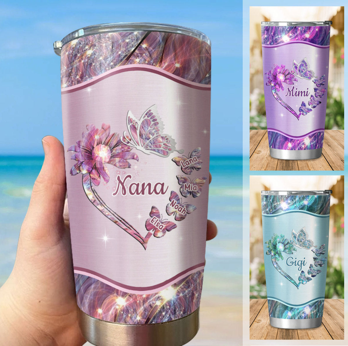 Flower Butterfly Grandma Mimi Nana Gigi Mommy Auntie Personalized Tumbler SC512420