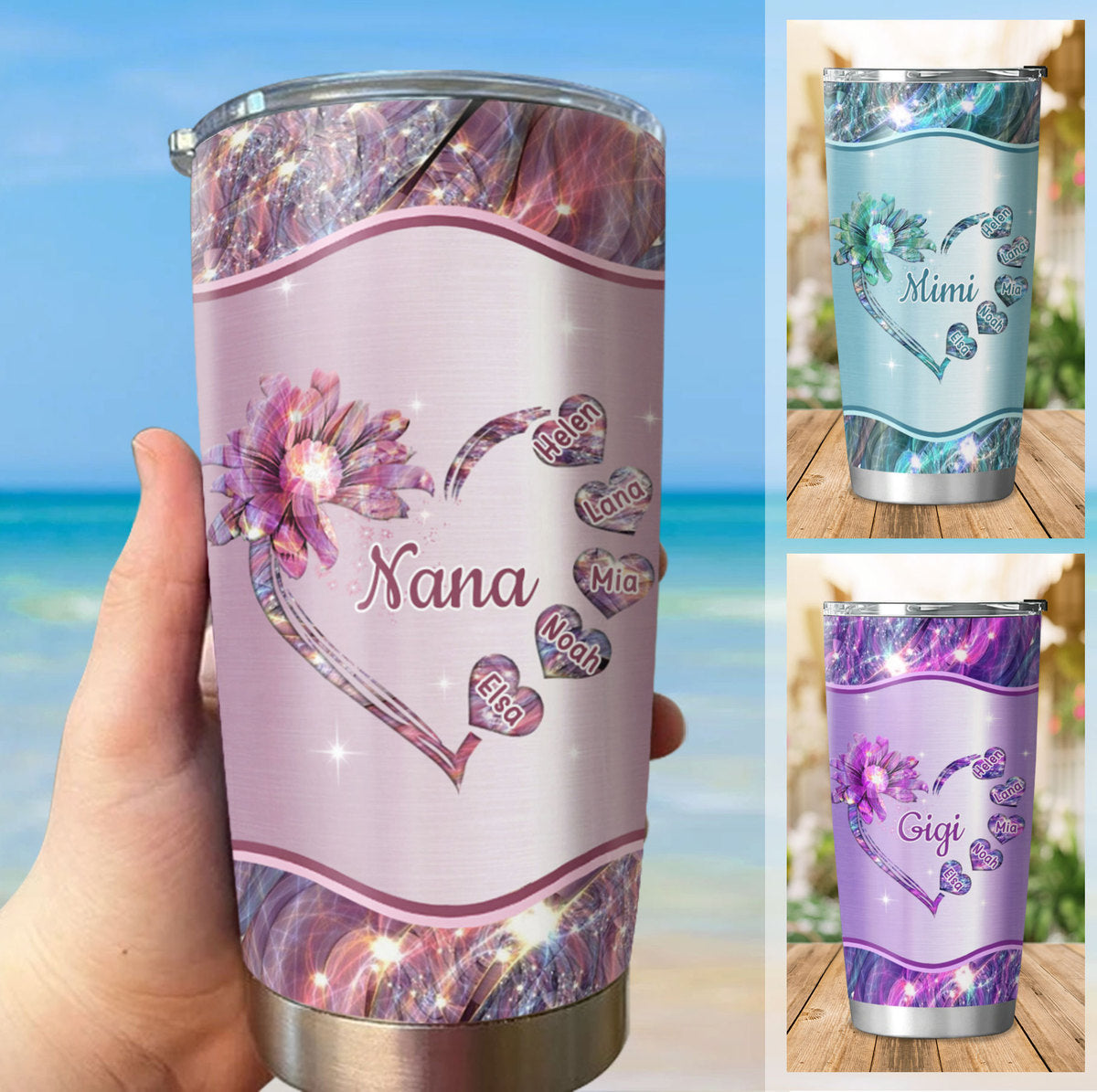 Flower Heart Grandma Mimi Nana Gigi Mommy Auntie Personalized Tumbler SC512419
