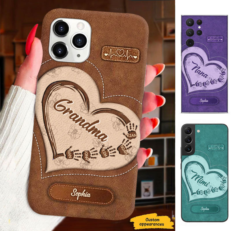 Leather Pattern Handprint Grandma Mimi Nana Mommy Auntie Personalized Phone Case SC812412