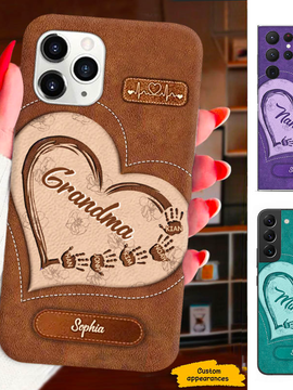 Leather Pattern Handprint Grandma Mimi Nana Mommy Auntie Personalized Phone Case SC812412