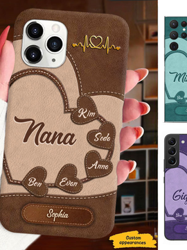 Leather Pattern Hearts Grandma Nana Mimi Mom Auntie Personalized Phone Case SC24100820