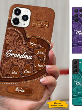 Leather Pattern Hearts Grandma Nana Mimi Mom Auntie Personalized Phone Case SC24101410