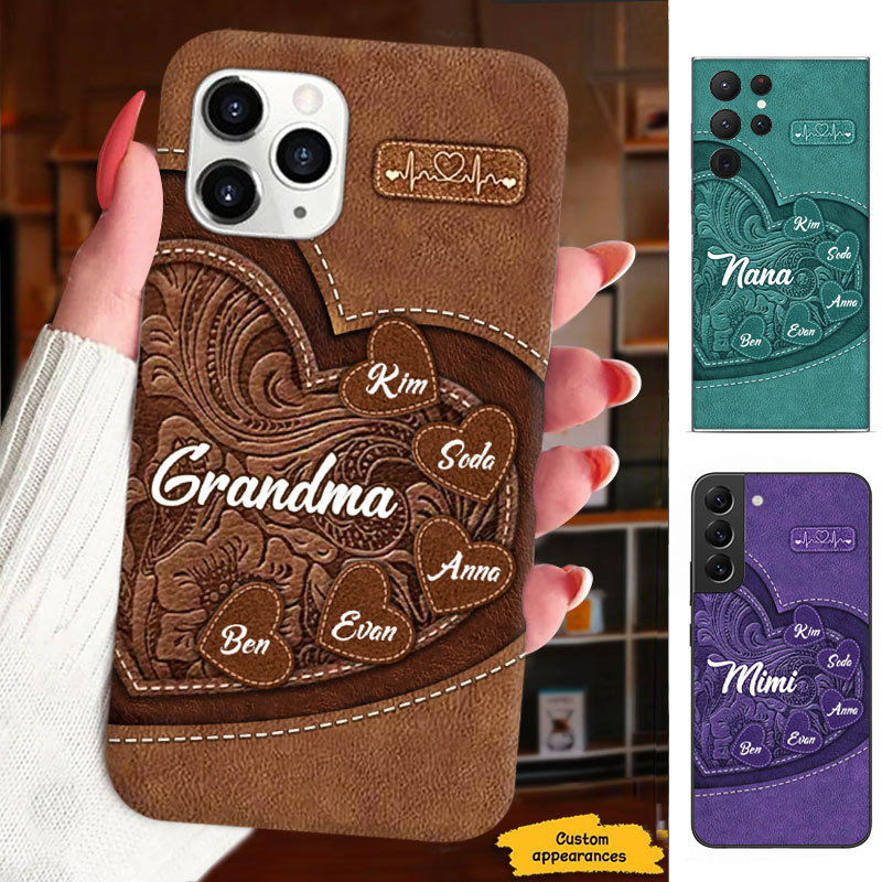 Leather Pattern Hearts Grandma Nana Mimi Mom Auntie Personalized Phone Case SC2410149