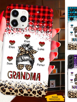 Leopard Red Plaid Messy Bun Hair Mom Grandma Nana Mimi Gigi Personalized Phone Case SC161243