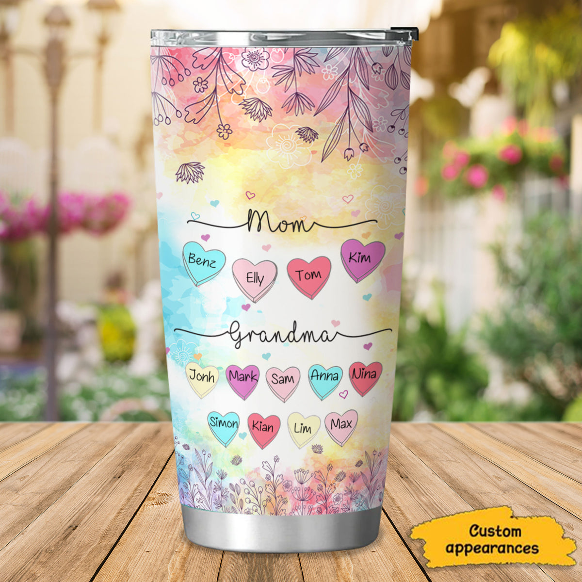 Mom Grandma Kids Grandkids Names Hearts Watercolor Personalized Tumbler
