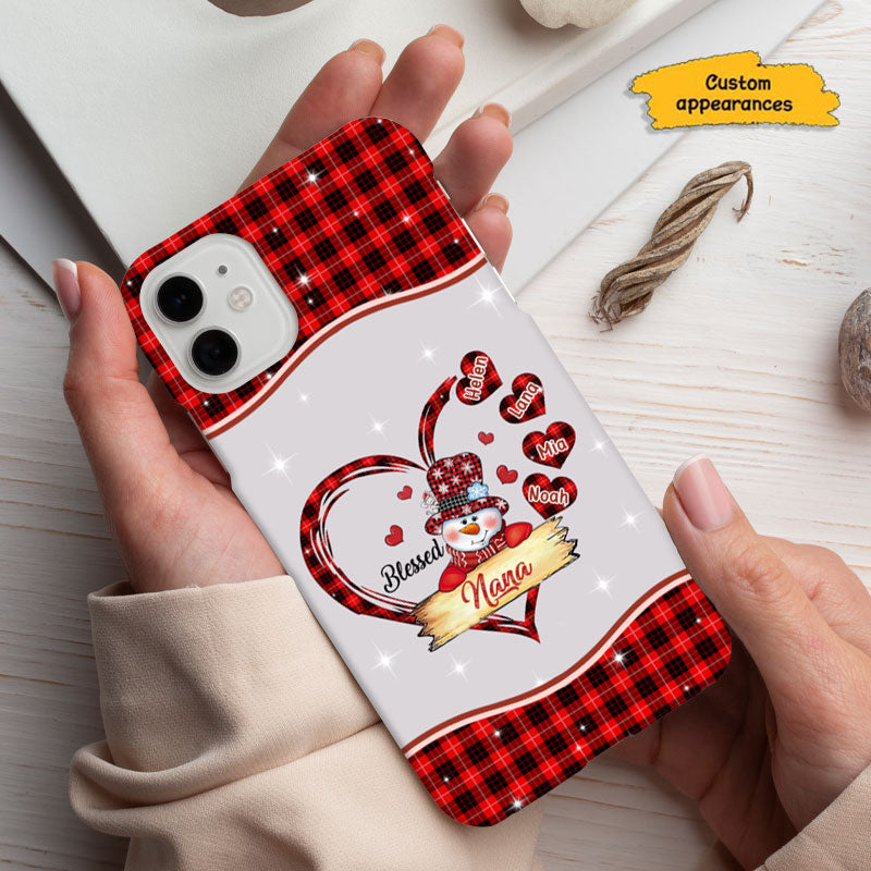 Blessed Grandma Snowman Buffalo Plaid Heart Grandkids Personalized Phone Case - mockup 2 of 6