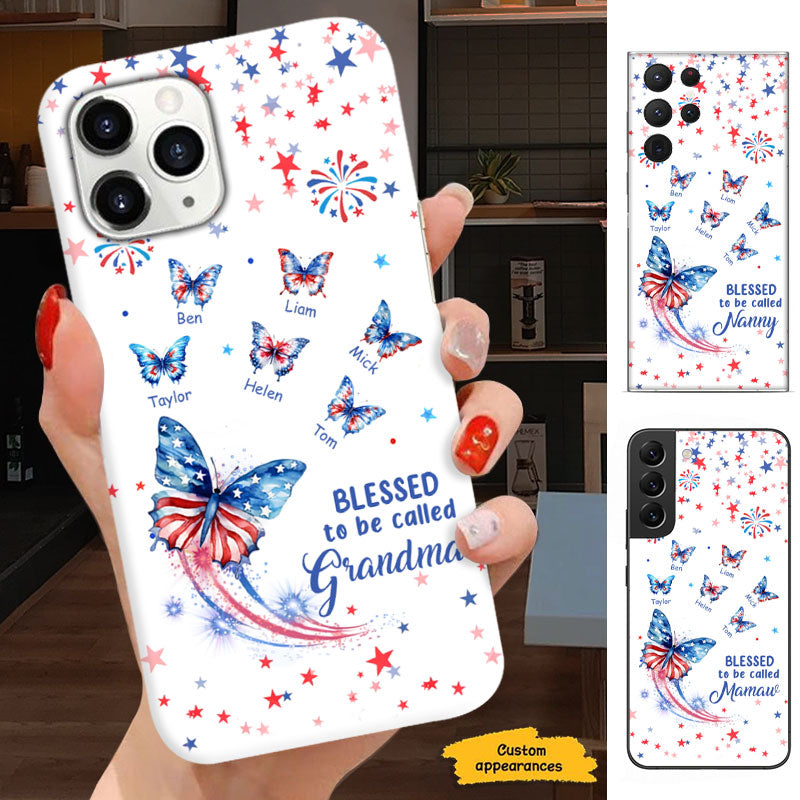 Blessed To Be Called Grandma American Flag Butterflies Stars Personalized Phone Case - mockup 2 of 5