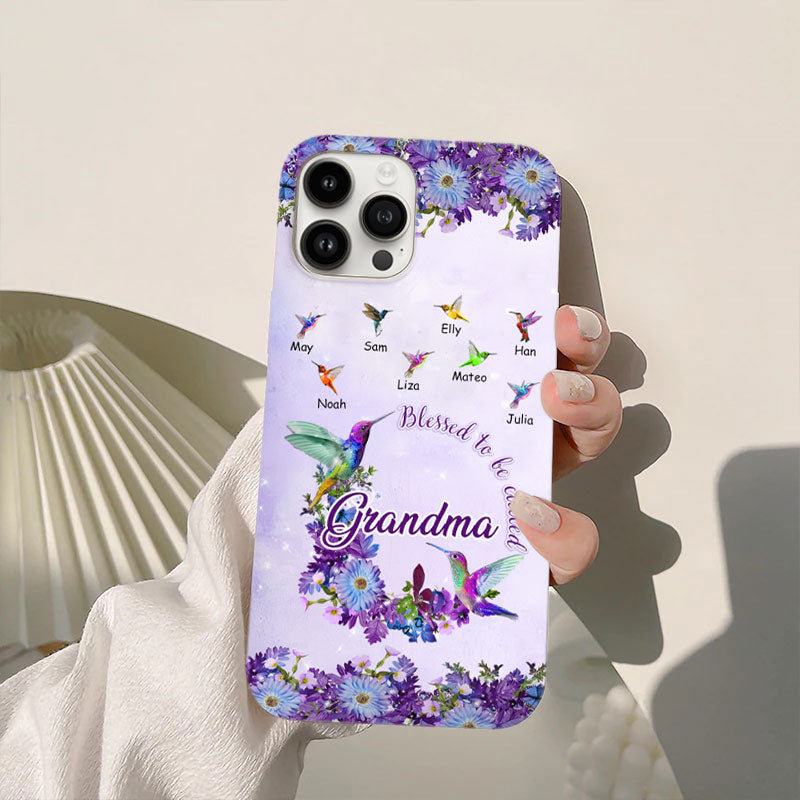 Blessed To Be Called Grandma Hummingbirds Purple Daisy Wreath Personalized Phone Case - mockup 5 of 6