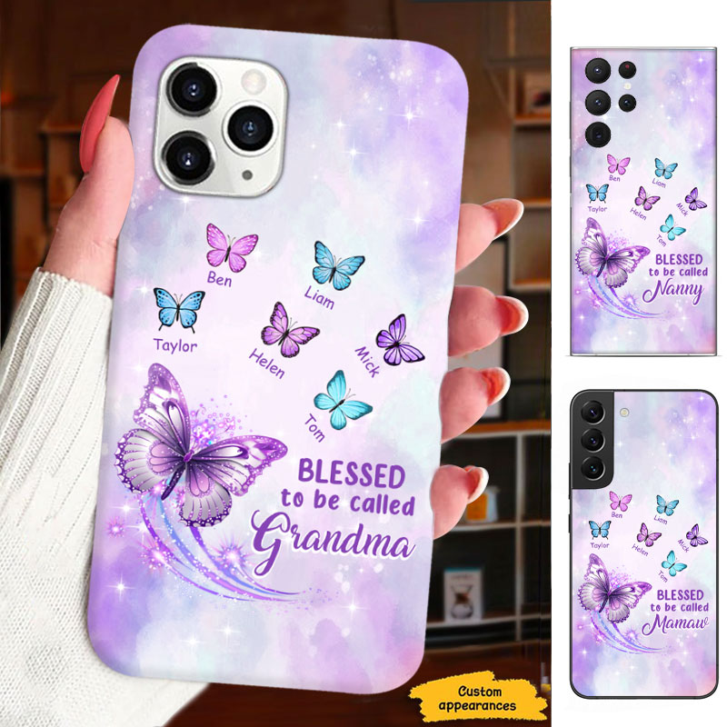 Blessed To Be Called Grandma Purple Butterflies Galaxy Personalized Phone Case - mockup 5 of 6