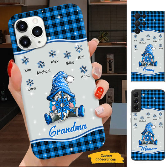 Blue Buffalo Plaid Snowflake Gnome Grandma Grandkids Personalized Phone Case - mockup 1 of 3