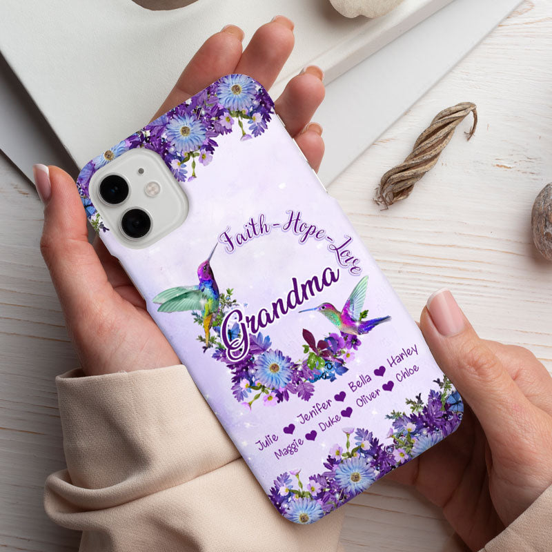 Faith Hope Love Hummingbirds Purple Flowers Grandma Personalized Phone Case - mockup 3 of 5