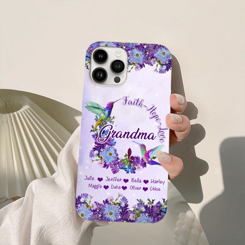 Faith Hope Love Hummingbirds Purple Flowers Grandma Personalized Phone Case - mockup 4 of 5