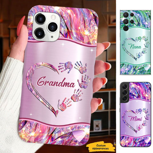 Grandma Handprints Heart Holographic Personalized Phone Case - mockup 1 of 5