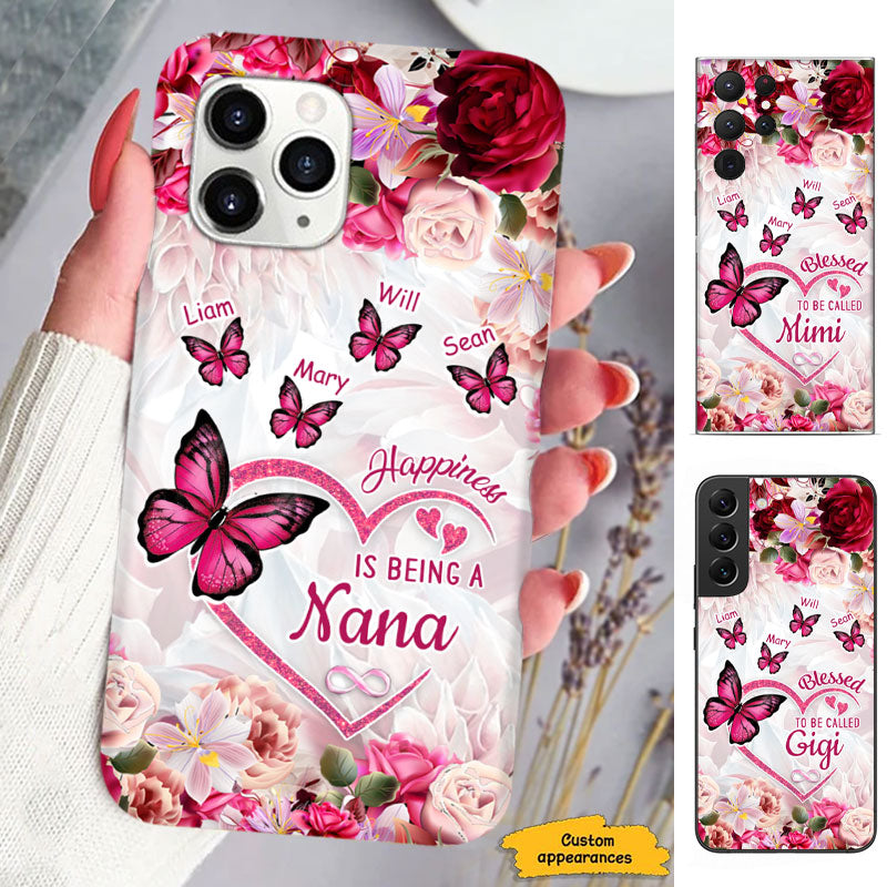 Happiness Is Being A Grandma Pink Roses Butterflies Personalized Phone Case - mockup 1 of 6