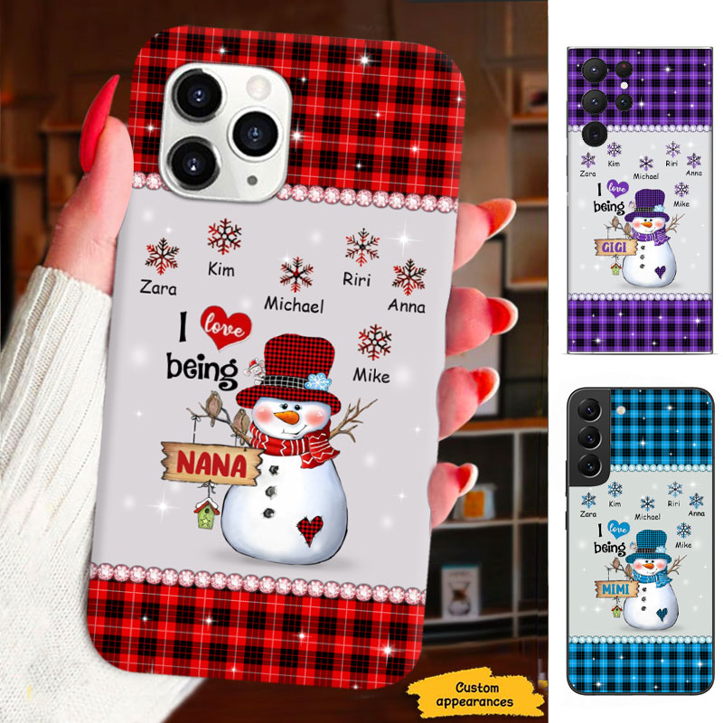 I Love Being Grandma Snowman Buffalo Plaid Snowflake Grandkids Personalized Phone Case - mockup 1 of 6