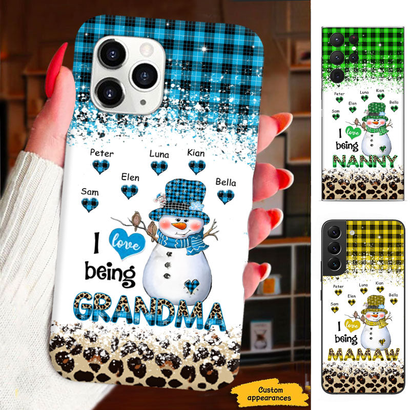 I Love Being Grandma Snowman Red Plaid Leopard Personalized Phone Case - mockup 4 of 6