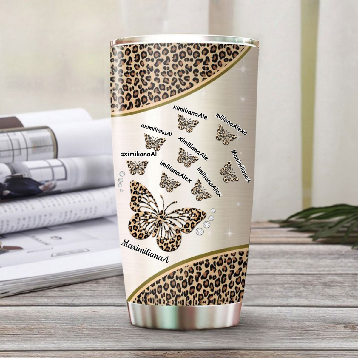 Leopard Butterfly Grandma Nana Mimi Mom Personalized Tumbler