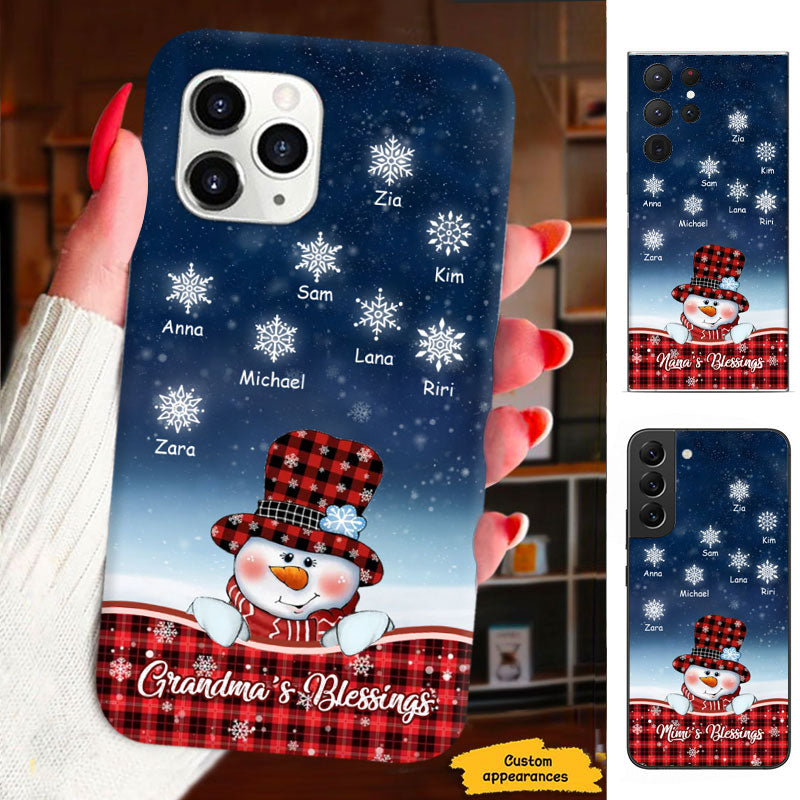 Grandma's Blessings Snowman Buffalo Plaid Snowflake Grandkids Personalized Phone Case