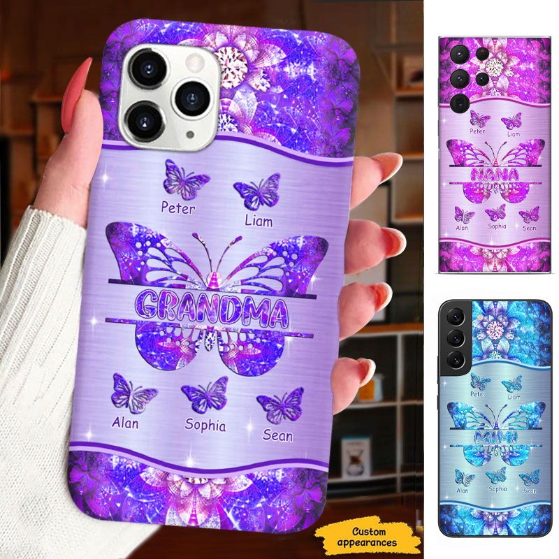 Crystal Leopard Butterfly Grandma Nickname Grandkids Personalized Phone Case