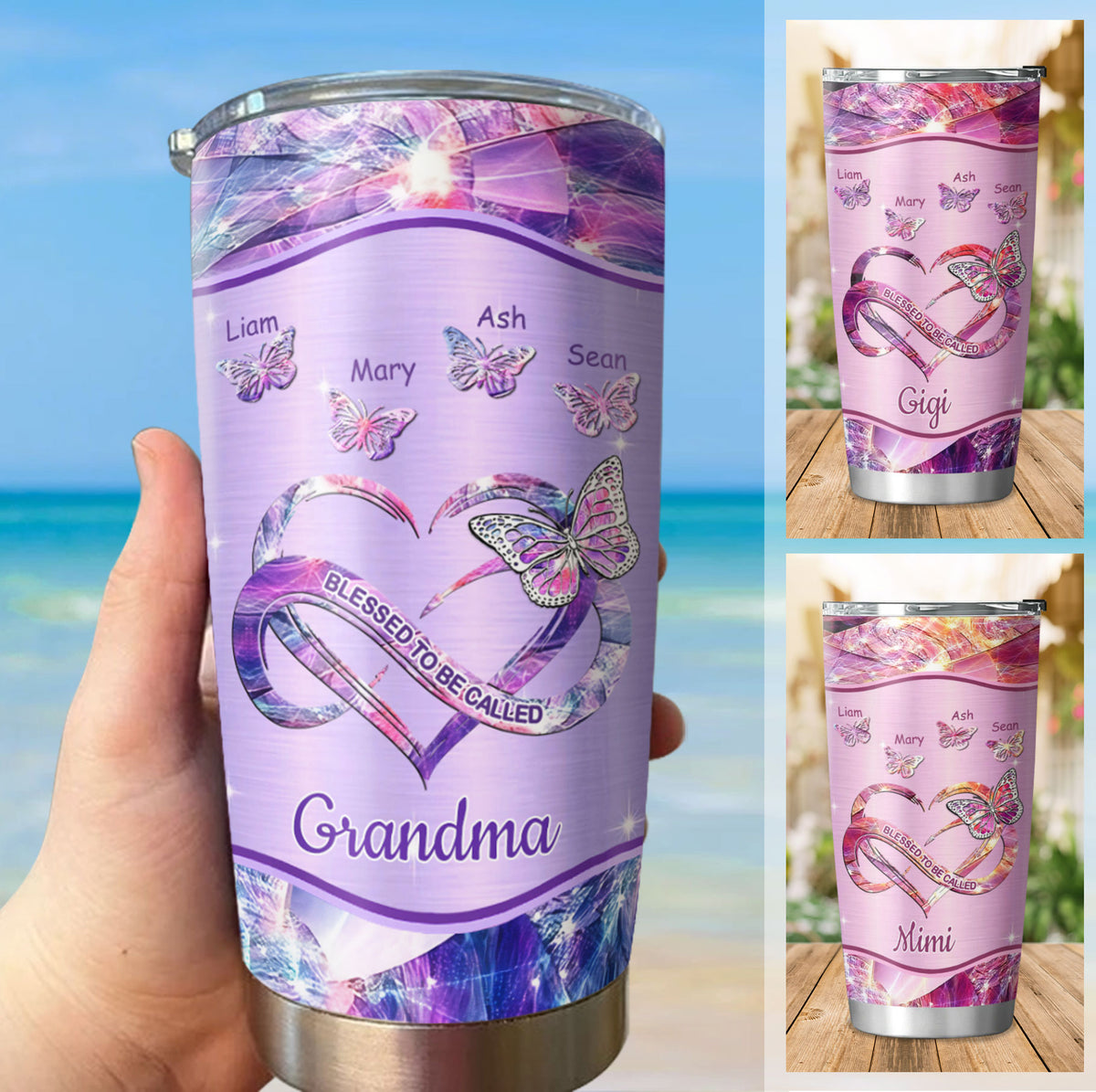 Blessed To Be Called Grandma Holographic Infinity Heart Butterfly Personalized Tumbler