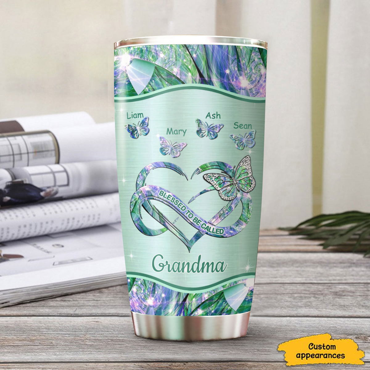 Blessed To Be Called Grandma Holographic Infinity Heart Butterfly Personalized Tumbler