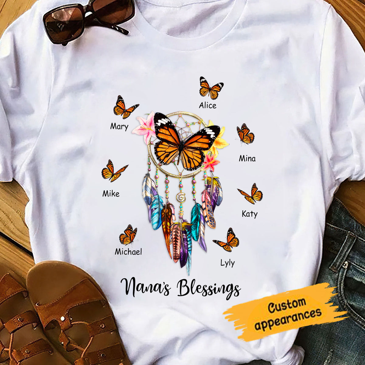 Purple Butterfly Dreamcatcher Grandma's Blessings Nana Mommy Personalized Shirt