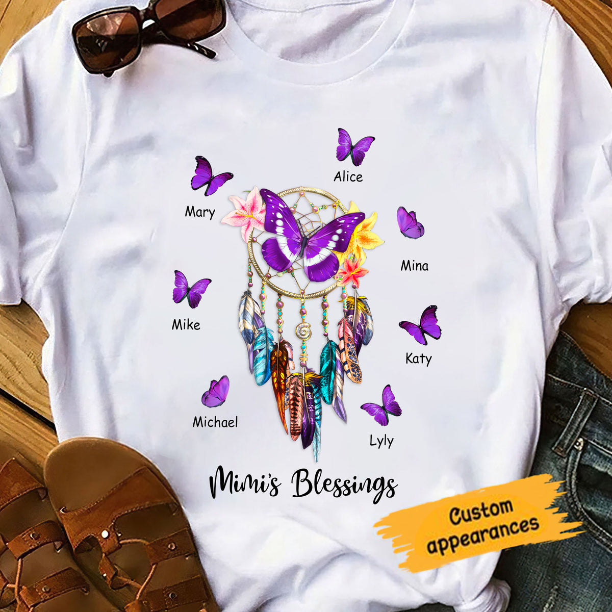 Purple Butterfly Dreamcatcher Grandma's Blessings Nana Mommy Personalized Shirt