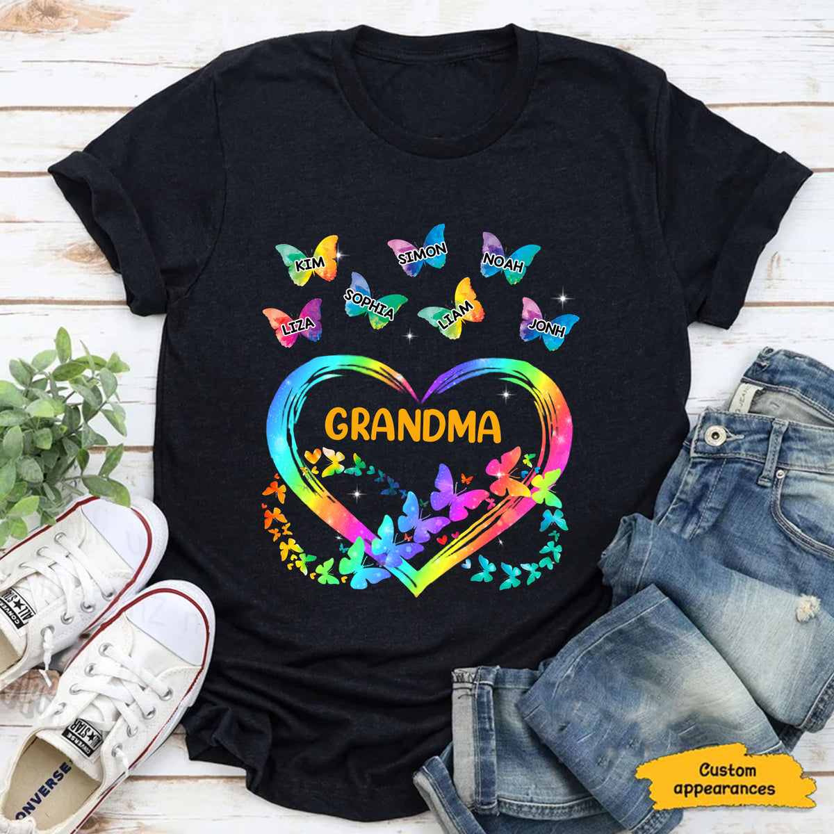 Colorful Butterfly Heart Grandma Nana Mimi Gigi Auntie Personalized Shirt